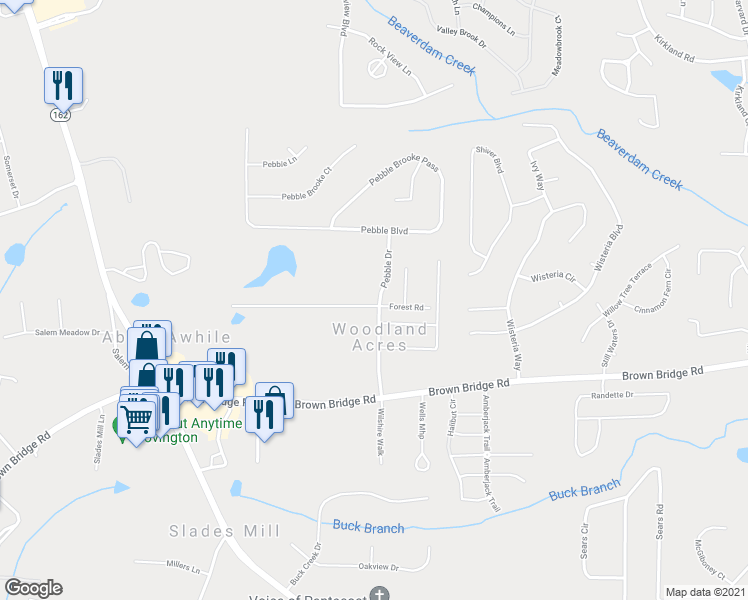map of restaurants, bars, coffee shops, grocery stores, and more near 15 Pebble Drive in Covington