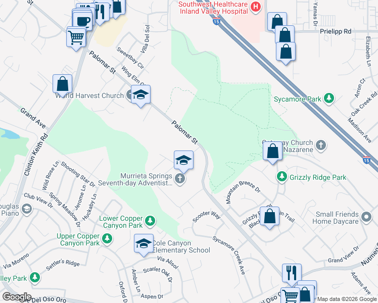 map of restaurants, bars, coffee shops, grocery stores, and more near 23353 Copa De Oro Court in Murrieta