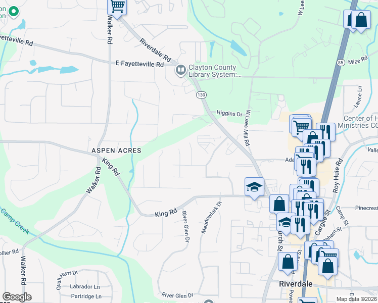 map of restaurants, bars, coffee shops, grocery stores, and more near 6347 Steepleridge Court in Riverdale