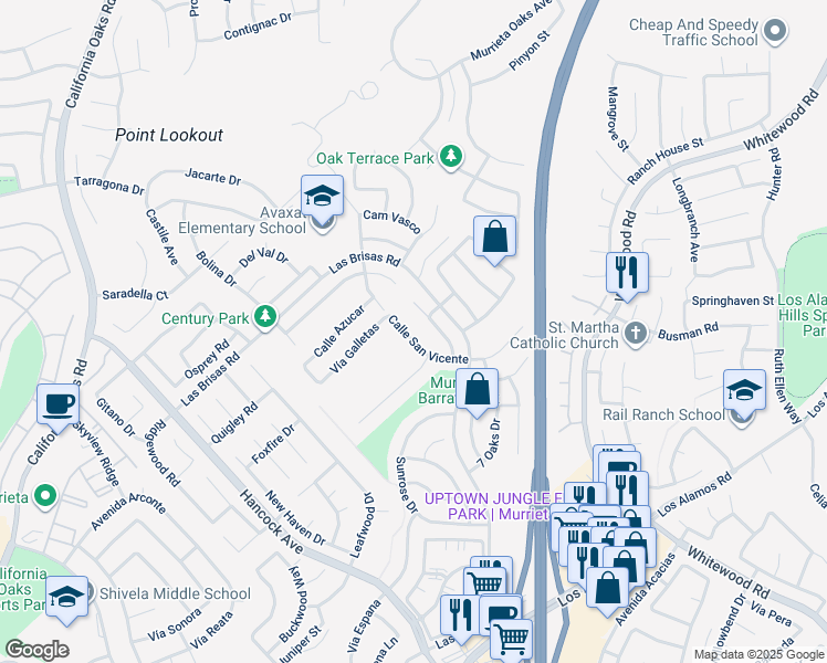 map of restaurants, bars, coffee shops, grocery stores, and more near 24538 Calle San Vicente in Murrieta