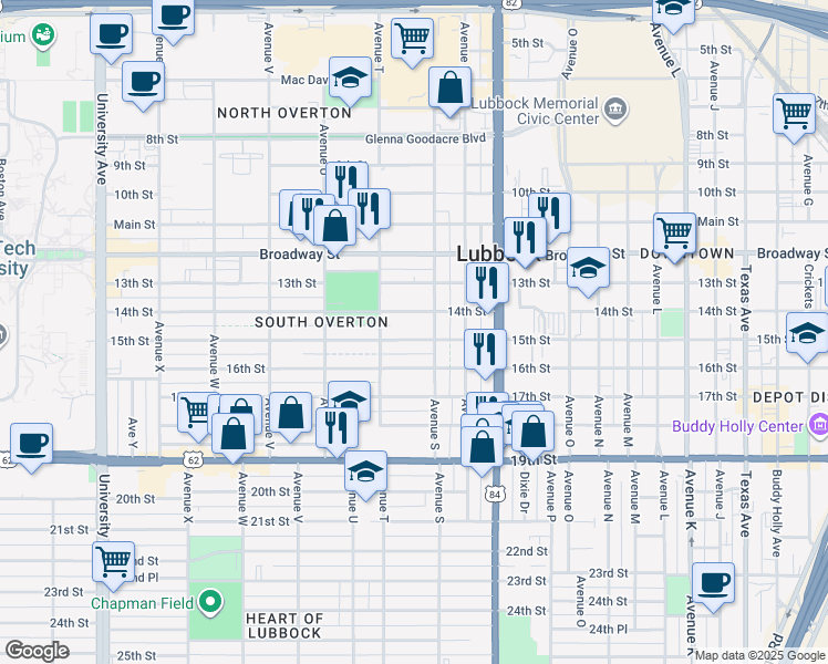 map of restaurants, bars, coffee shops, grocery stores, and more near 1916 15th Street in Lubbock