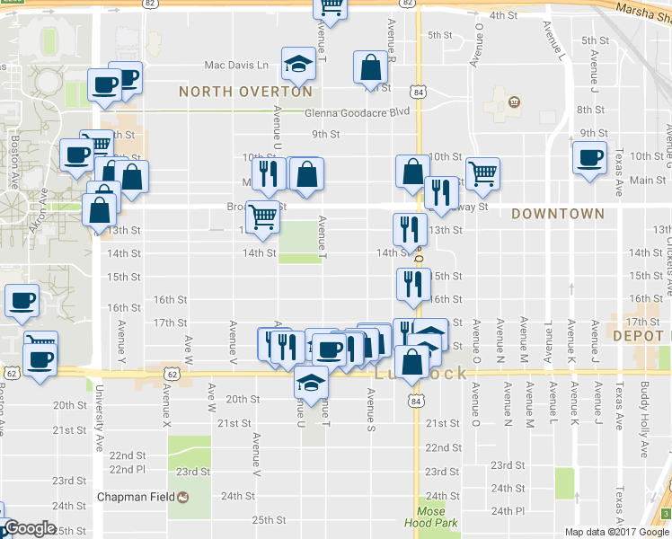 map of restaurants, bars, coffee shops, grocery stores, and more near 1916 15th Street in Lubbock