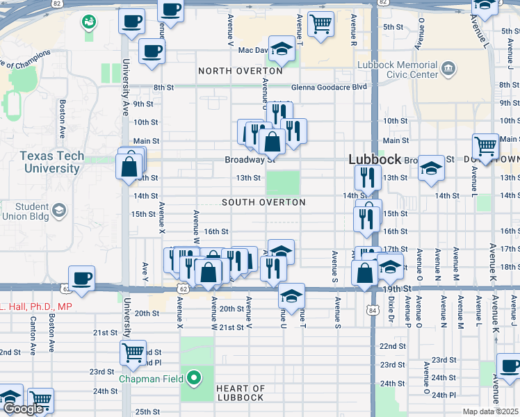 map of restaurants, bars, coffee shops, grocery stores, and more near 2123 15th Street in Lubbock