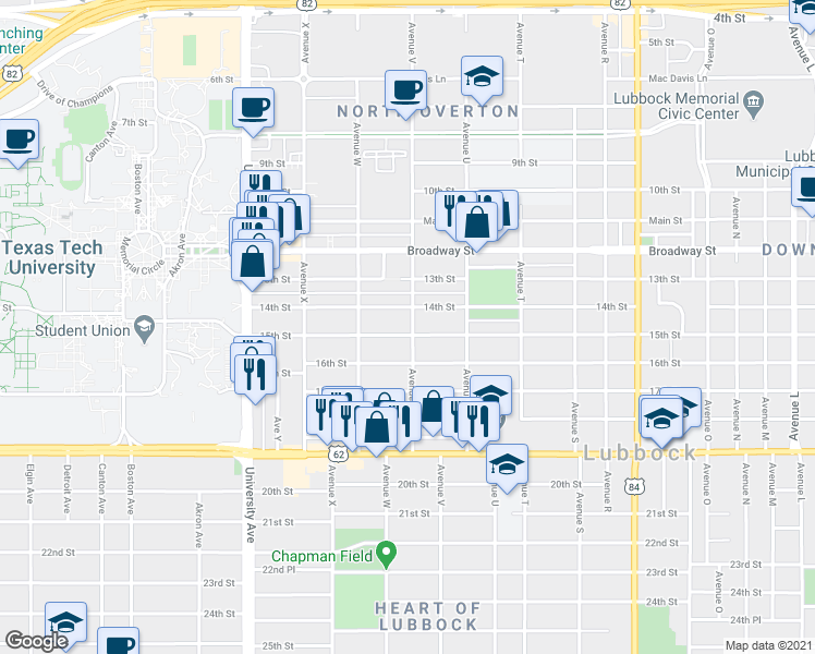 map of restaurants, bars, coffee shops, grocery stores, and more near 2210 15th Street in Lubbock