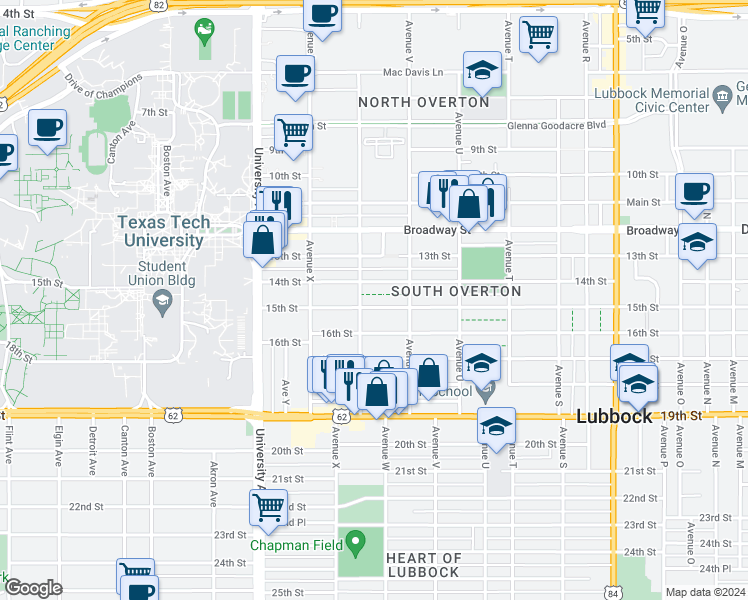 map of restaurants, bars, coffee shops, grocery stores, and more near 2210 15th Street in Lubbock