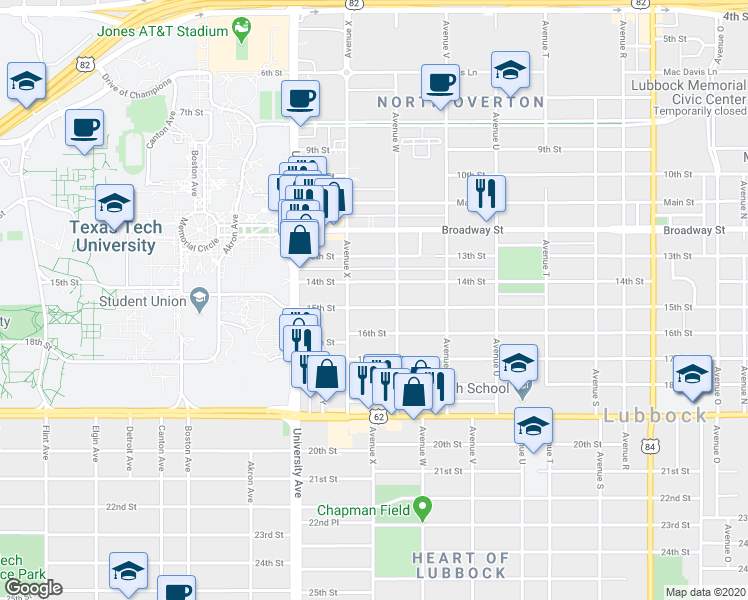 map of restaurants, bars, coffee shops, grocery stores, and more near 2304 15th Street in Lubbock