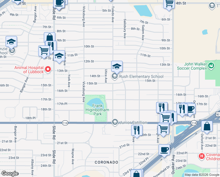 map of restaurants, bars, coffee shops, grocery stores, and more near 4806 16th Street in Lubbock