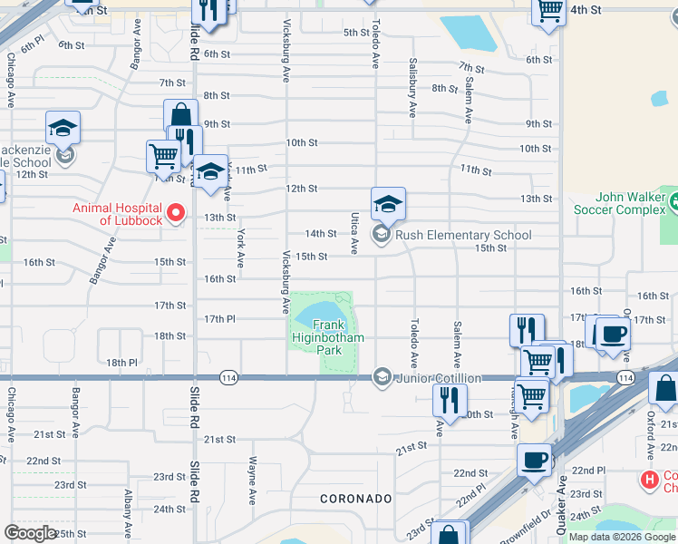 map of restaurants, bars, coffee shops, grocery stores, and more near 4818 16th Street in Lubbock