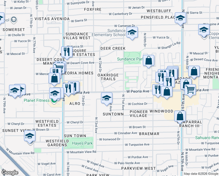 map of restaurants, bars, coffee shops, grocery stores, and more near 10614 North 72nd Avenue in Peoria