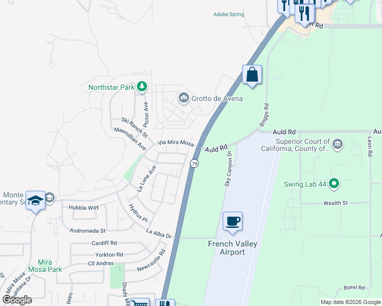 map of restaurants, bars, coffee shops, grocery stores, and more near 36956 Ascella Lane in Murrieta