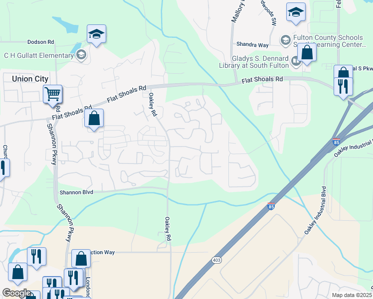 map of restaurants, bars, coffee shops, grocery stores, and more near 6350 Oakley Road in Union City