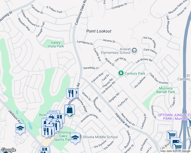 map of restaurants, bars, coffee shops, grocery stores, and more near 39925 Falcon Way in Murrieta