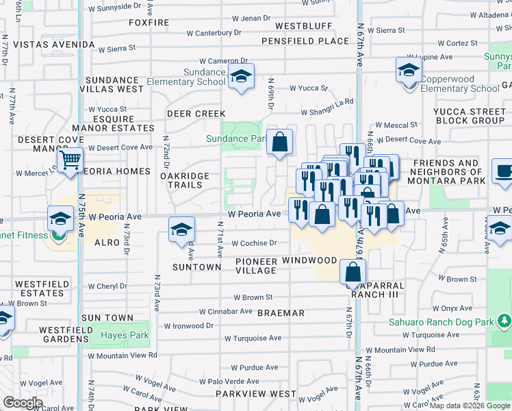 map of restaurants, bars, coffee shops, grocery stores, and more near 10643 North 70th Avenue in Peoria