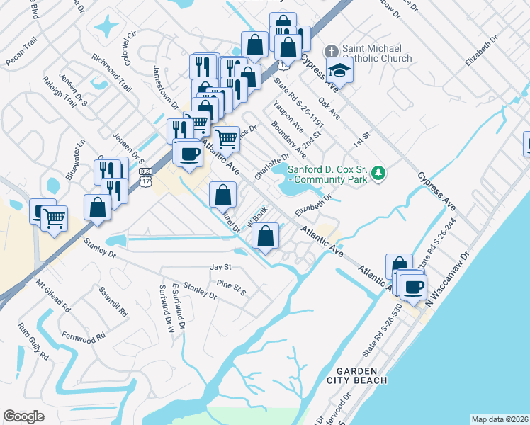 map of restaurants, bars, coffee shops, grocery stores, and more near 457 East Bank in Murrells Inlet