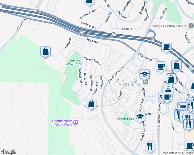 map of restaurants, bars, coffee shops, grocery stores, and more near 32 Timberland in Aliso Viejo