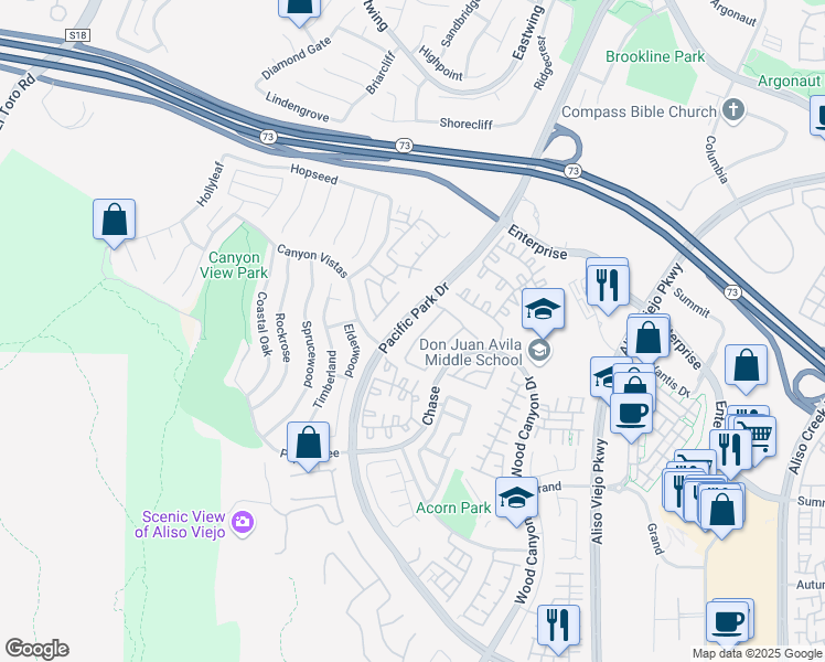 map of restaurants, bars, coffee shops, grocery stores, and more near 55 Breakers Lane in Aliso Viejo