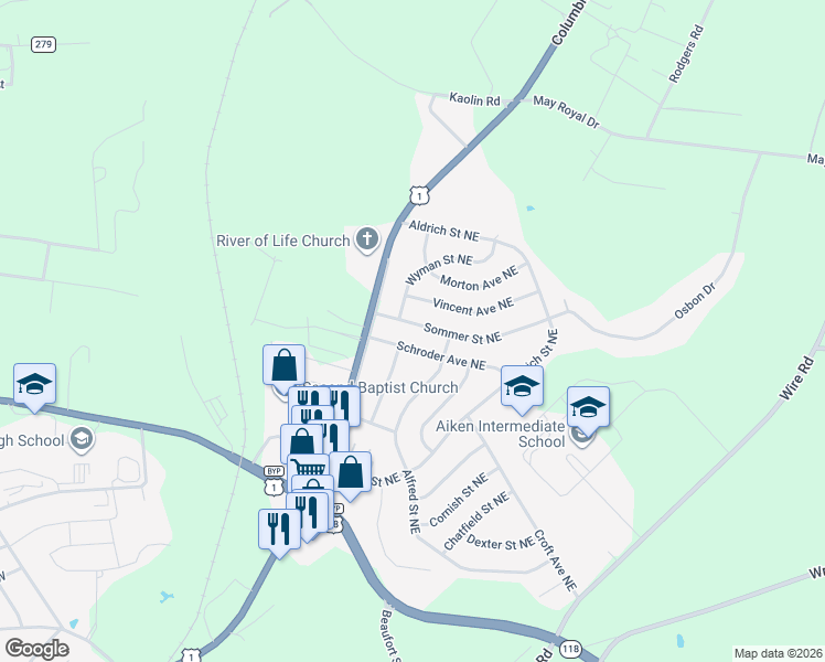 map of restaurants, bars, coffee shops, grocery stores, and more near 655 Sommer Street Northeast in Aiken