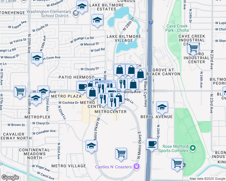 map of restaurants, bars, coffee shops, grocery stores, and more near W Peoria Ave & N 28th Dr in Phoenix
