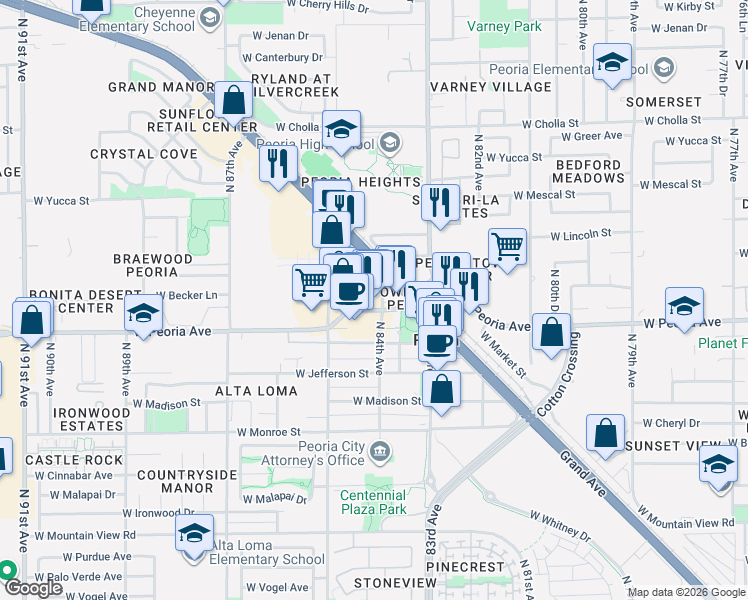 map of restaurants, bars, coffee shops, grocery stores, and more near 8426 W Peoria Ave in Peoria