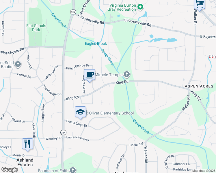 map of restaurants, bars, coffee shops, grocery stores, and more near 1614 King Road in Riverdale