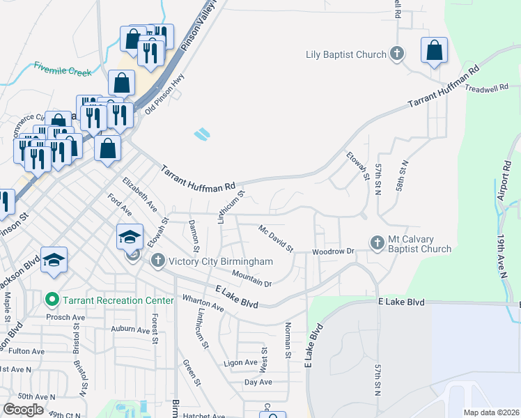 map of restaurants, bars, coffee shops, grocery stores, and more near 2036 Etowah St in Birmingham