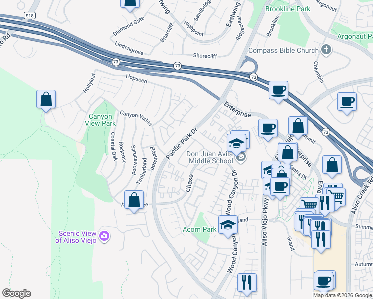 map of restaurants, bars, coffee shops, grocery stores, and more near 55 Breakers Lane in Aliso Viejo