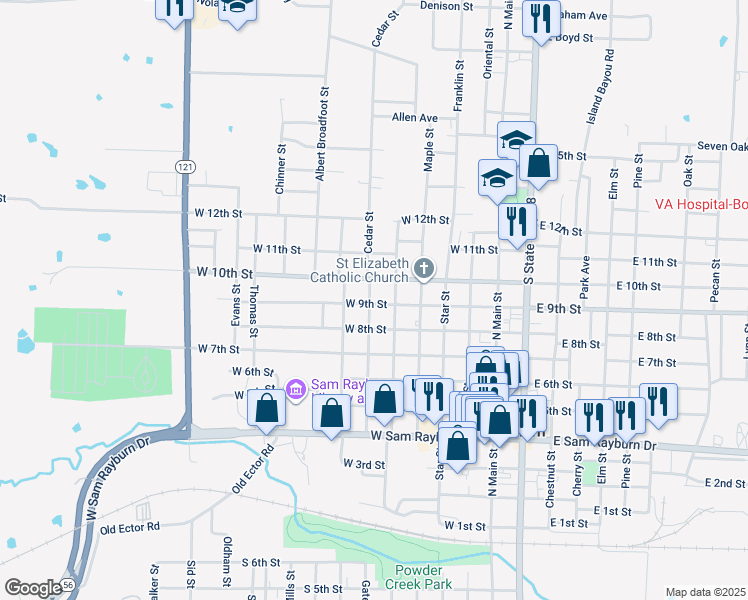 map of restaurants, bars, coffee shops, grocery stores, and more near 520 West 9th Street in Bonham