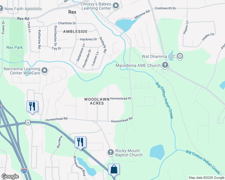 map of restaurants, bars, coffee shops, grocery stores, and more near 150 Cumberland Drive in Rex