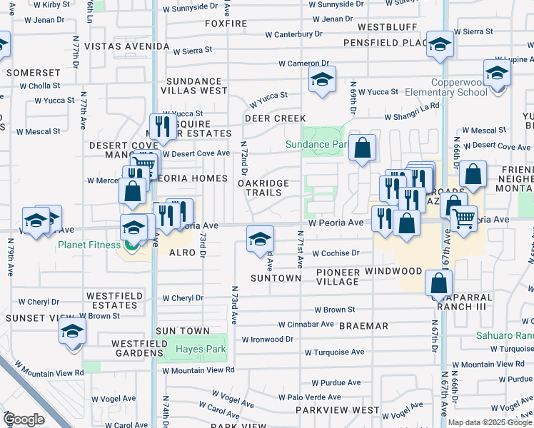 map of restaurants, bars, coffee shops, grocery stores, and more near 10614 North 72nd Avenue in Peoria