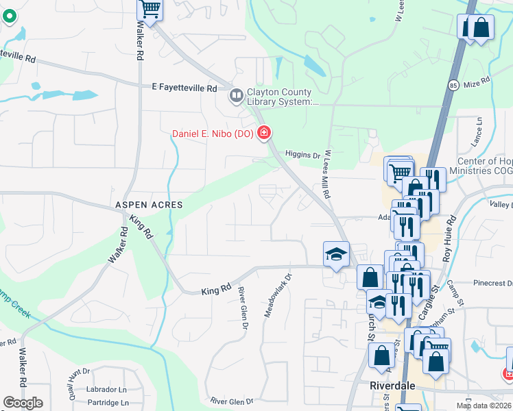 map of restaurants, bars, coffee shops, grocery stores, and more near 6344 Steepleridge Court in Riverdale