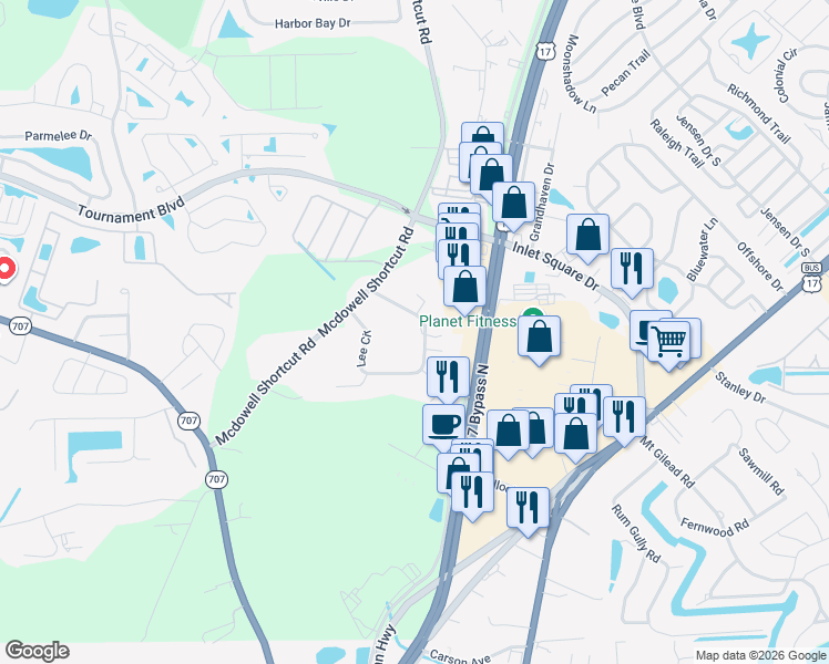 map of restaurants, bars, coffee shops, grocery stores, and more near 11062 Lee Circle in Murrells Inlet