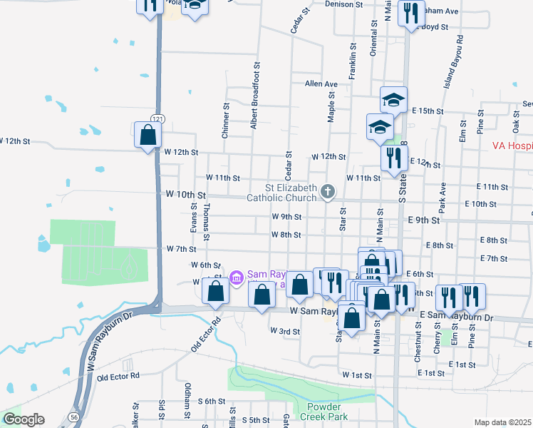 map of restaurants, bars, coffee shops, grocery stores, and more near 901 Beech Street in Bonham