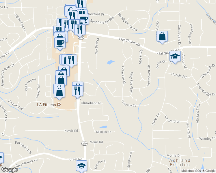 map of restaurants, bars, coffee shops, grocery stores, and more near 6515 Grey Fox Way in Riverdale