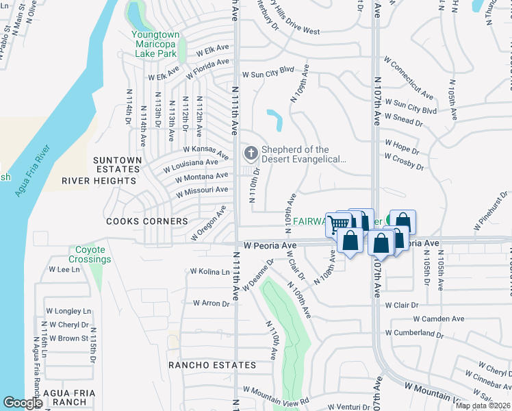 map of restaurants, bars, coffee shops, grocery stores, and more near 10801 North 110th Drive in Sun City