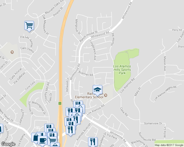 map of restaurants, bars, coffee shops, grocery stores, and more near 27832 Busman Road in Murrieta