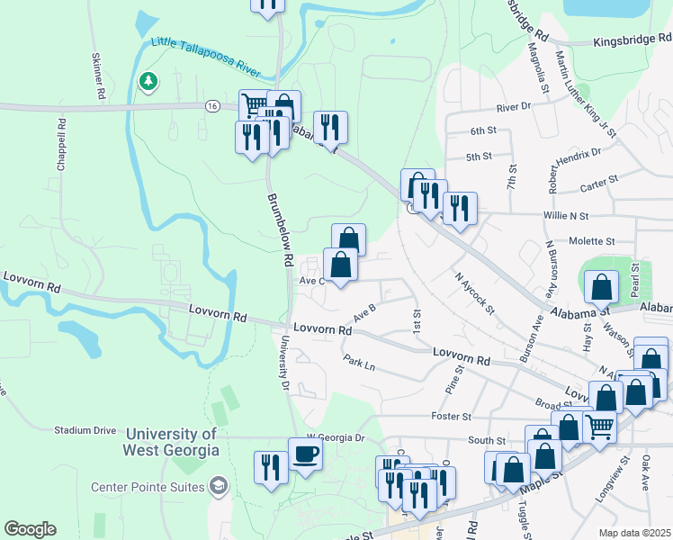 map of restaurants, bars, coffee shops, grocery stores, and more near 215 Avenue C in Carrollton