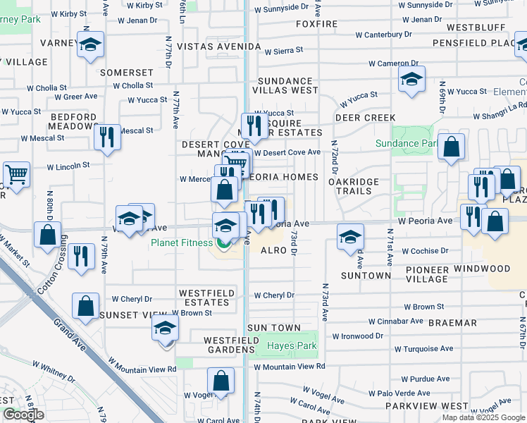 map of restaurants, bars, coffee shops, grocery stores, and more near 7440 West Peoria Avenue in Peoria