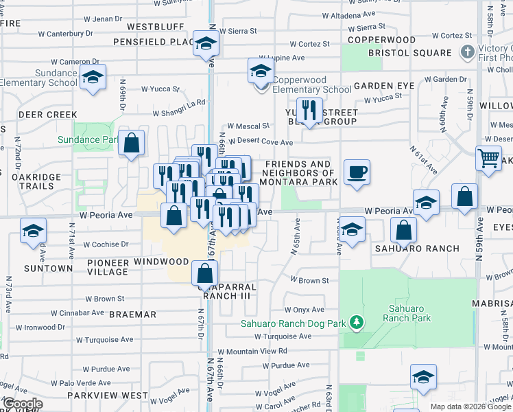 map of restaurants, bars, coffee shops, grocery stores, and more near 6521 W Becker Ln in Glendale
