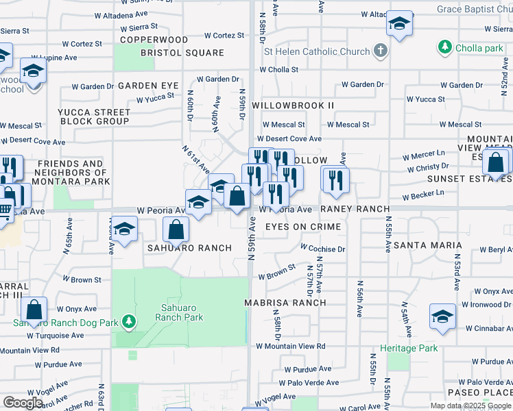 map of restaurants, bars, coffee shops, grocery stores, and more near 5880 West Peoria Avenue in Glendale