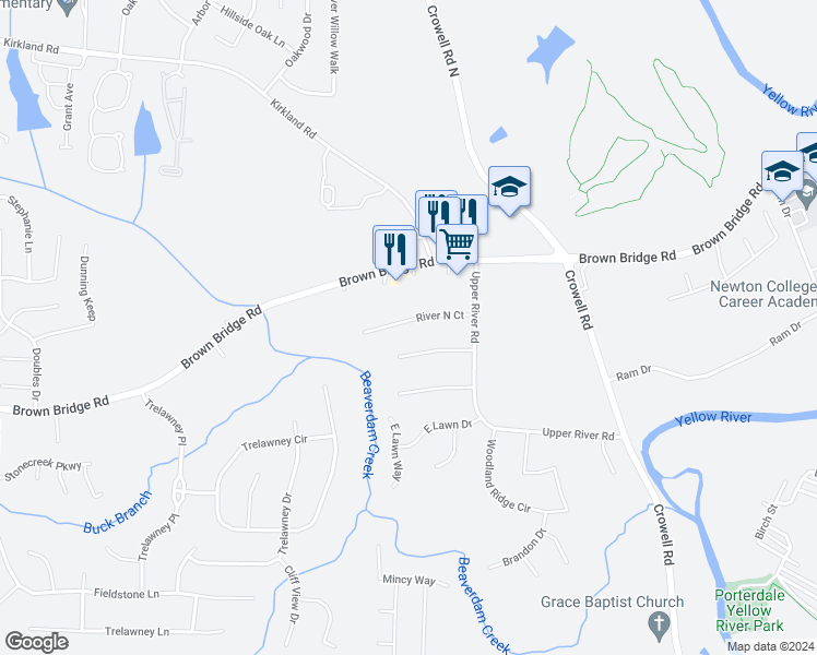 map of restaurants, bars, coffee shops, grocery stores, and more near 95 River North Court in Covington