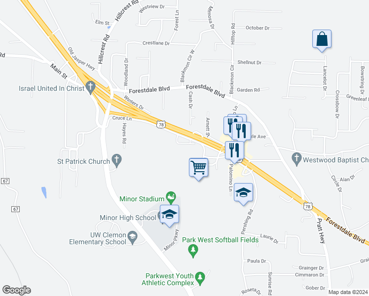 map of restaurants, bars, coffee shops, grocery stores, and more near 409 Foust Court in Birmingham