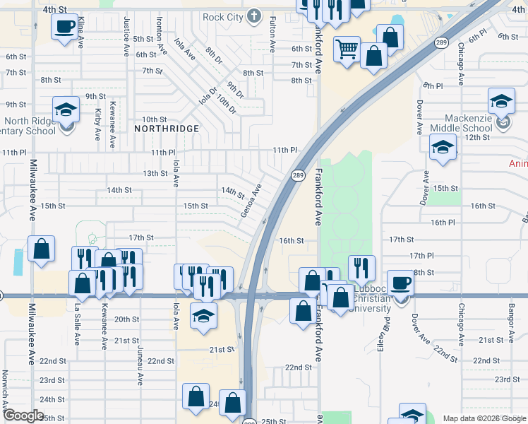 map of restaurants, bars, coffee shops, grocery stores, and more near 5801 14th Street in Lubbock