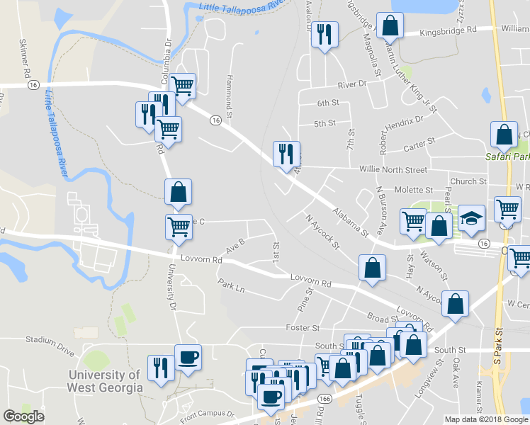 map of restaurants, bars, coffee shops, grocery stores, and more near 101 Ave C in Carrollton