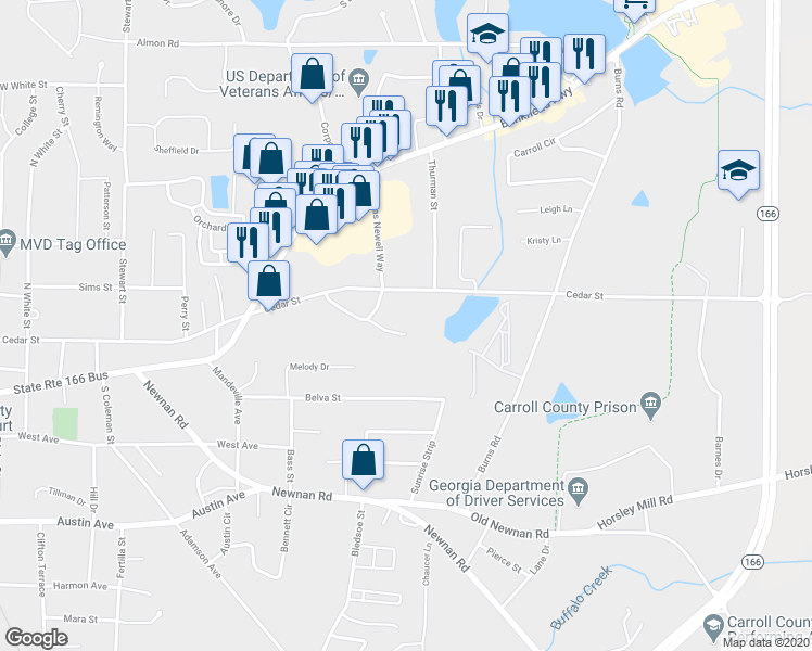 map of restaurants, bars, coffee shops, grocery stores, and more near 951 Cedar Street in Carrollton