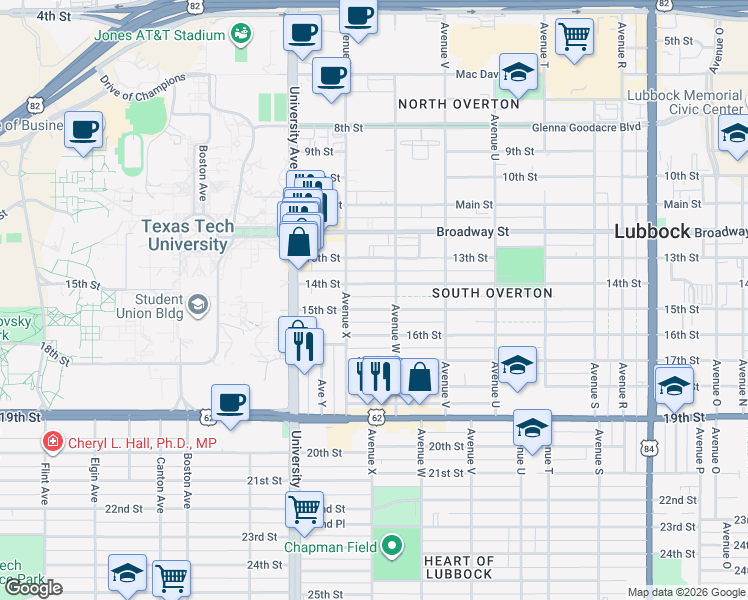 map of restaurants, bars, coffee shops, grocery stores, and more near 2312 15th Street in Lubbock