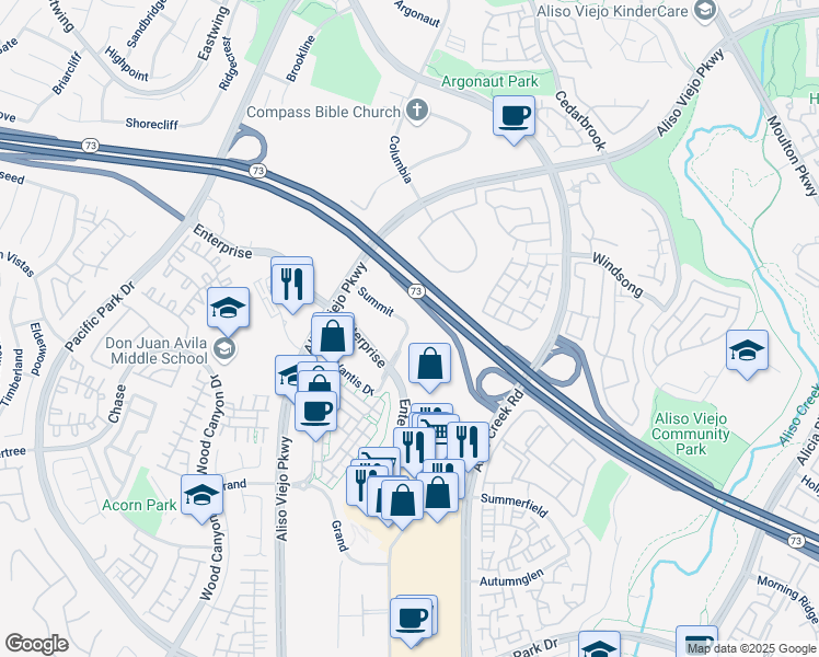 map of restaurants, bars, coffee shops, grocery stores, and more near 4 Summit in Aliso Viejo