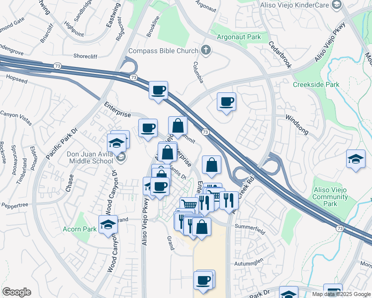 map of restaurants, bars, coffee shops, grocery stores, and more near 75 Enterprise in Aliso Viejo