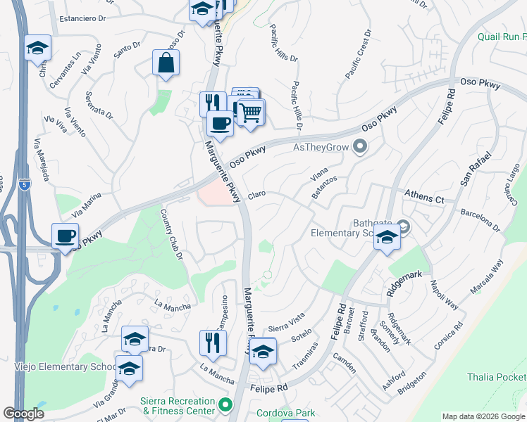 map of restaurants, bars, coffee shops, grocery stores, and more near 27146 Neda in Mission Viejo