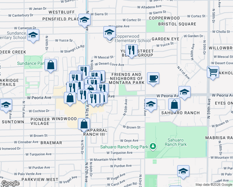 map of restaurants, bars, coffee shops, grocery stores, and more near 10601 North 65th Avenue in Glendale