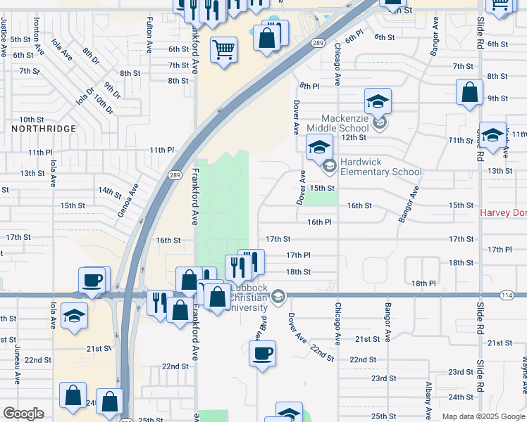 map of restaurants, bars, coffee shops, grocery stores, and more near 1603 Elkhart Avenue in Lubbock
